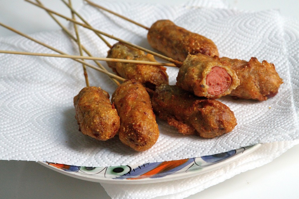 Mini Bacon Batter Corn Dogs with "Special Sauce" 
