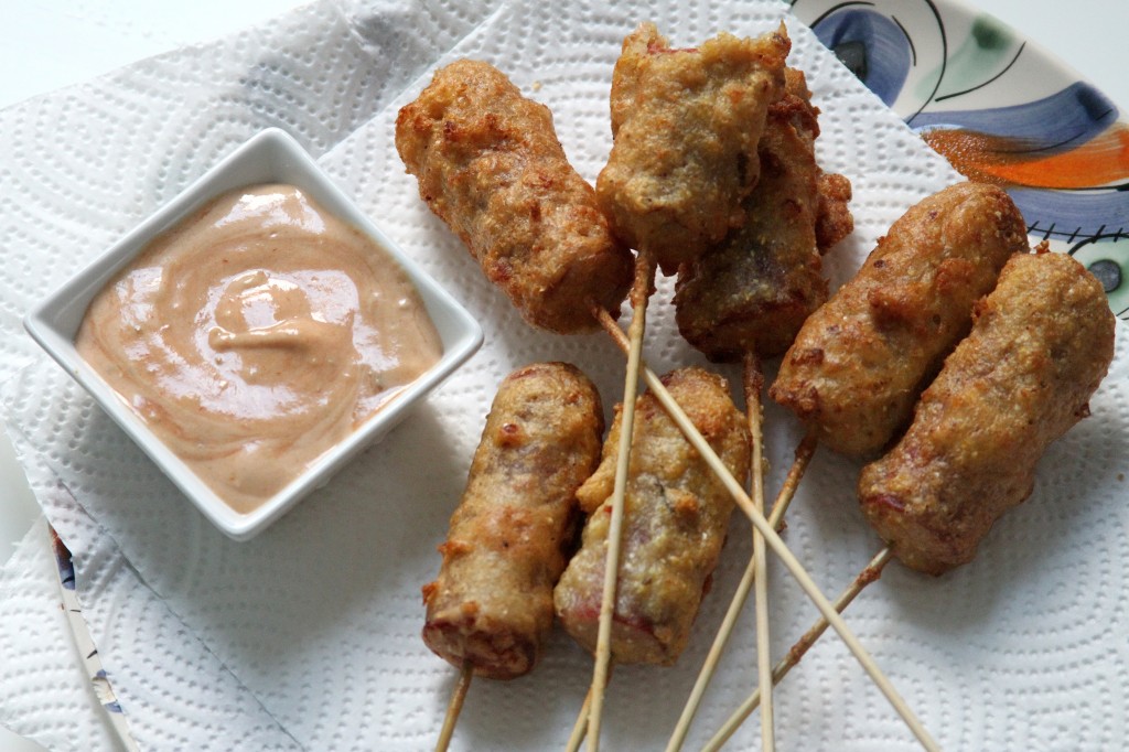 Mini Bacon Batter Corn Dogs with "Special Sauce" 