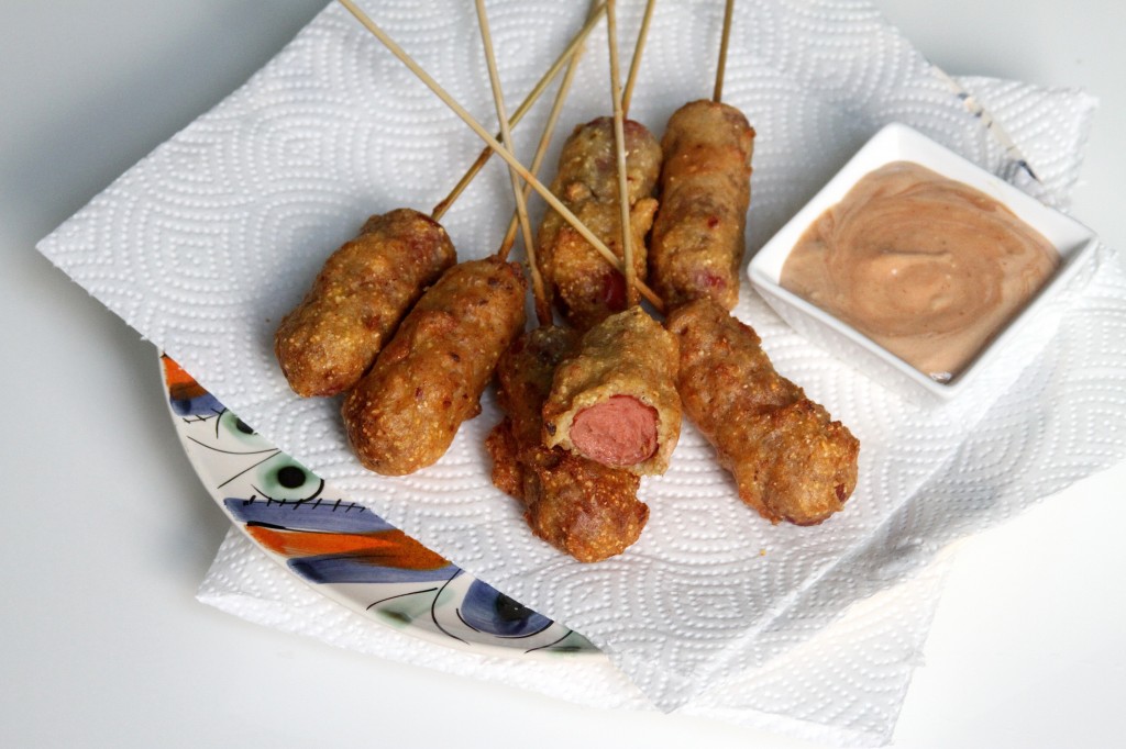 Mini Bacon Batter Corn Dogs with "Special Sauce" 