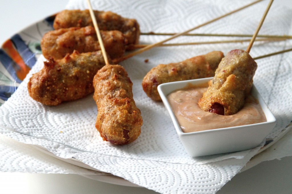 Mini Bacon Batter Corn Dogs with "Special Sauce" 