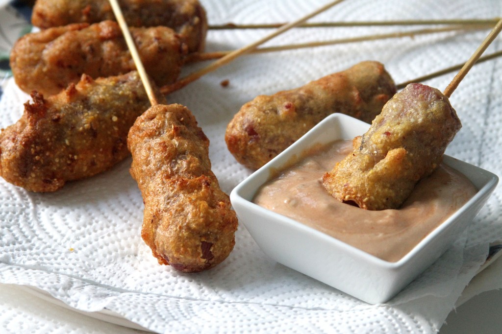 Mini Bacon Batter Corn Dogs with "Special Sauce" Baker by Nature