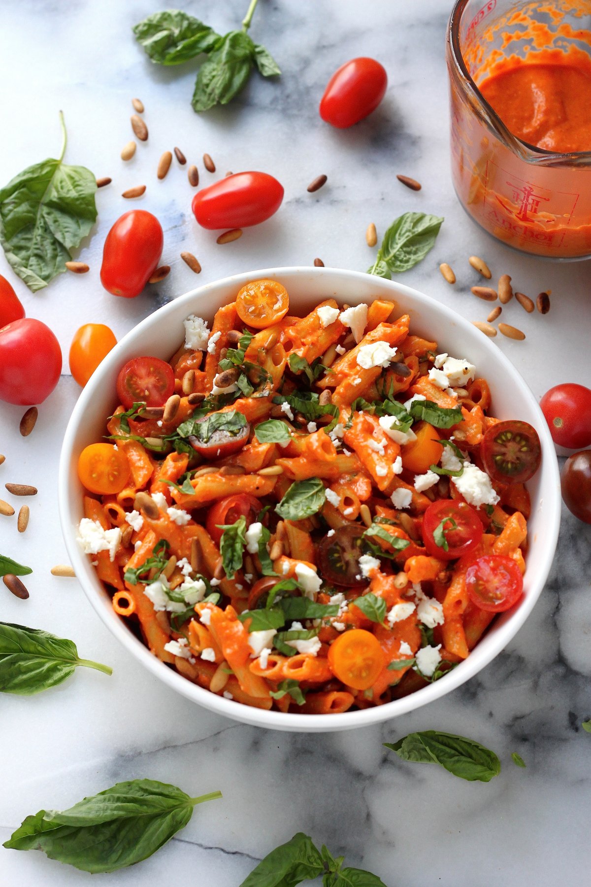 Penne with Roasted Red Pepper Sauce, Pine Nuts, Fresh Tomato, and Feta ...
