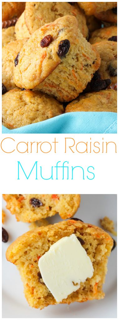 Soft and fluffy, these simple muffins taste like moist carrot cake spiked with juicy raisins and a pop of cinnamon… perfect for breakfast!