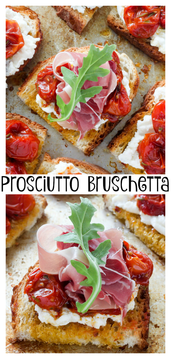 Bruschetta with Rosemary, Roasted Tomatoes, Ricotta, and Prosciutto