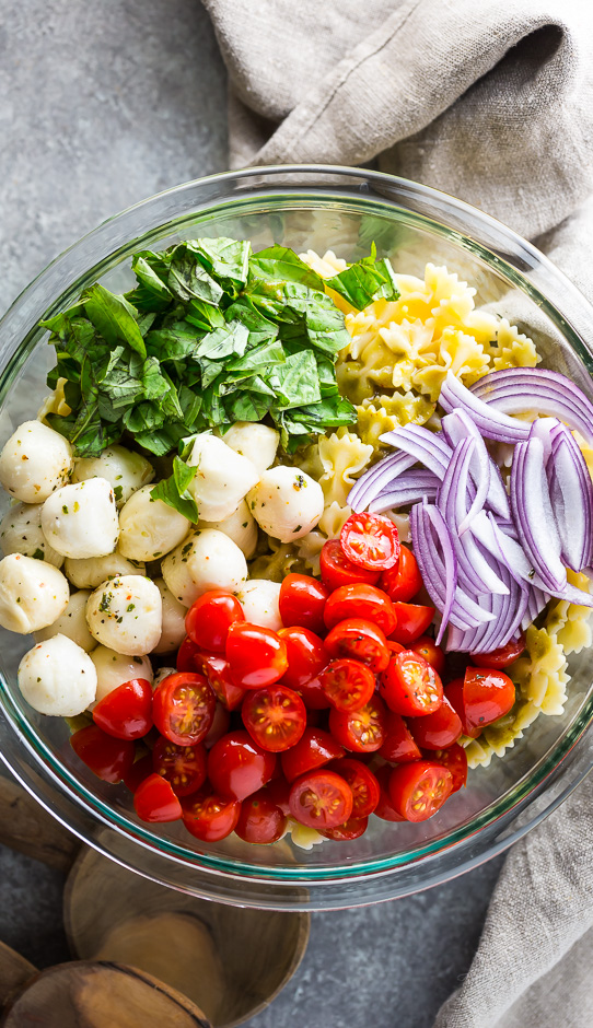 Pasta Salad Ingredients in glass bowl. 