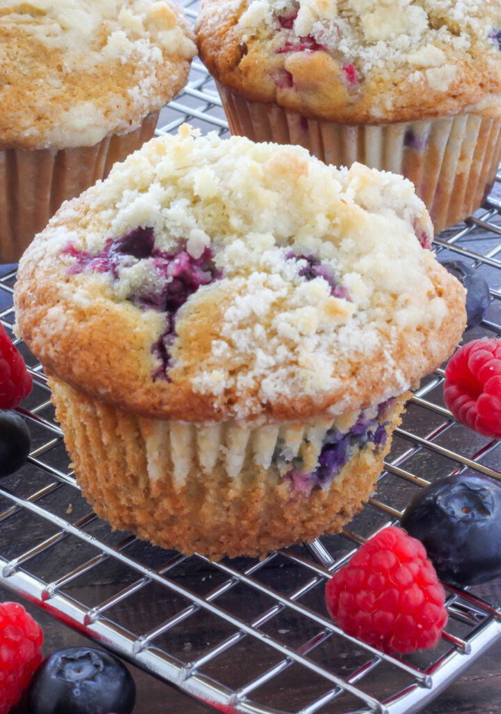 Blueberry-Raspberry Muffins with Streusel Topping - Baker by Nature