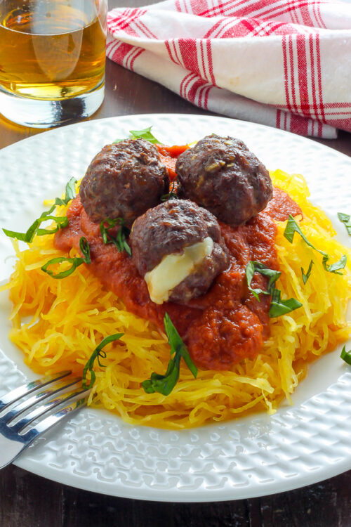 Mozzarella Stuffed Meatballs and Spaghetti Squash Marinara