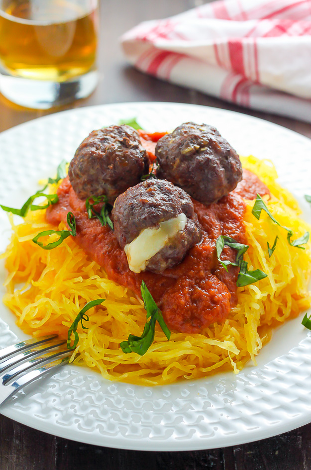 Mozzarella Stuffed Meatballs and Spaghetti Squash Marinara