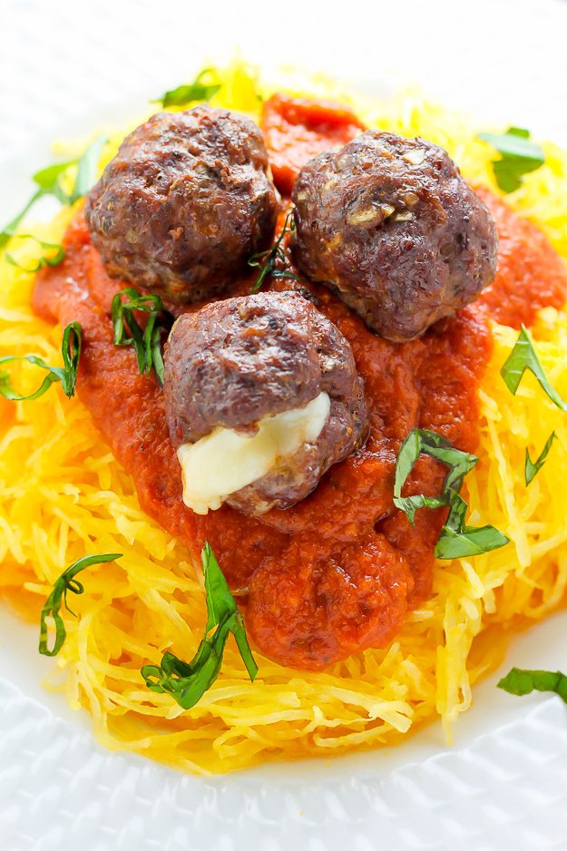 Mozzarella Stuffed Meatballs and Spaghetti Squash Marinara - Baker by ...