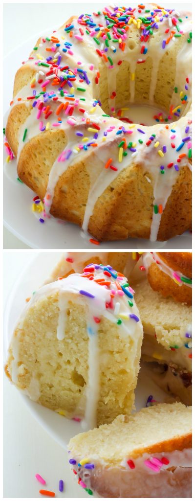 A supremely moist Vanilla Buttermilk Bundt Cake topped with a simple Vanilla Glaze and plenty of sprinkles!