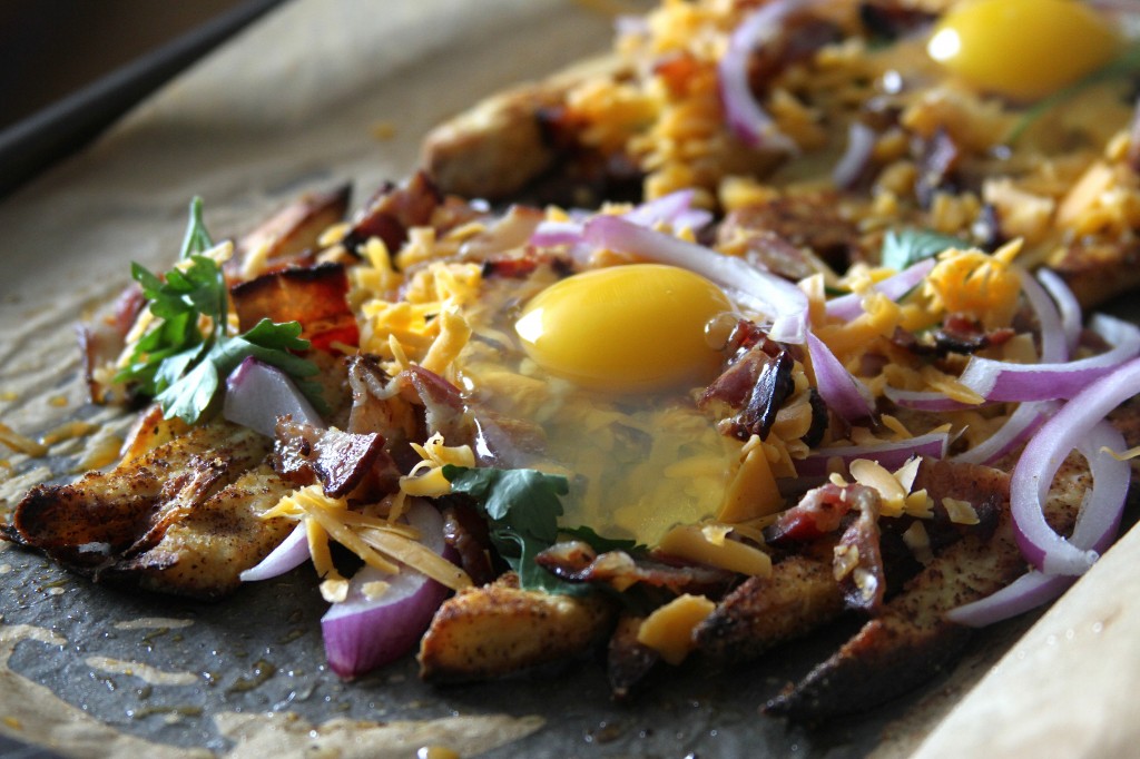 Bacon, egg, and cheese breakfast chili fries