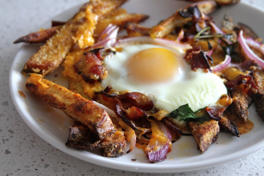 Bacon, egg, and cheese breakfast chili fries