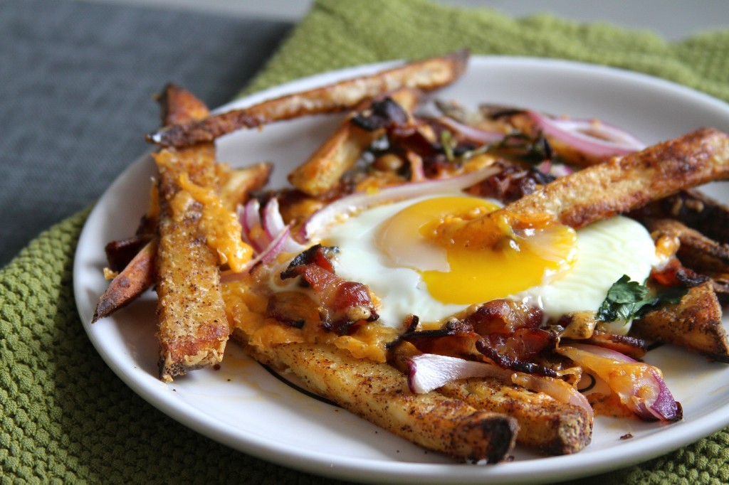 Bacon, egg, and cheese breakfast chili fries 