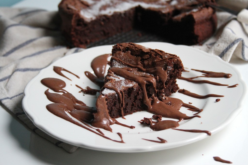 Flourless Chocolate Whiskey Cake with Chocolate Whiskey Pudding Sauce