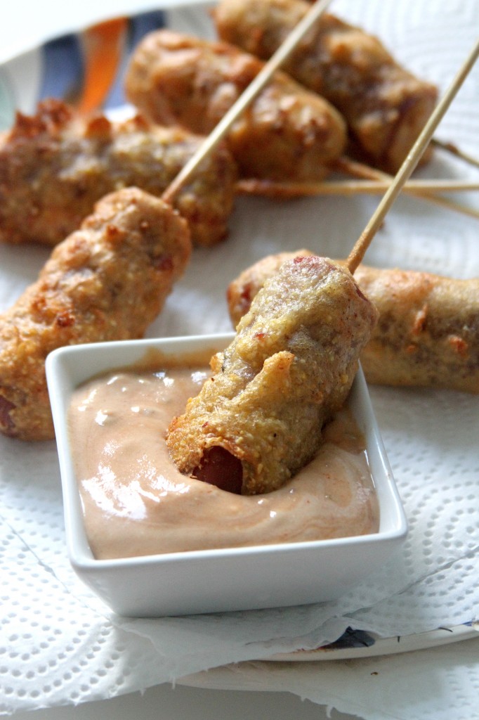 Mini Bacon Batter Corn Dogs with "Special Sauce" 