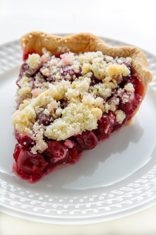 Homemade Sweet Cherry Pie topped with buttery crumbs