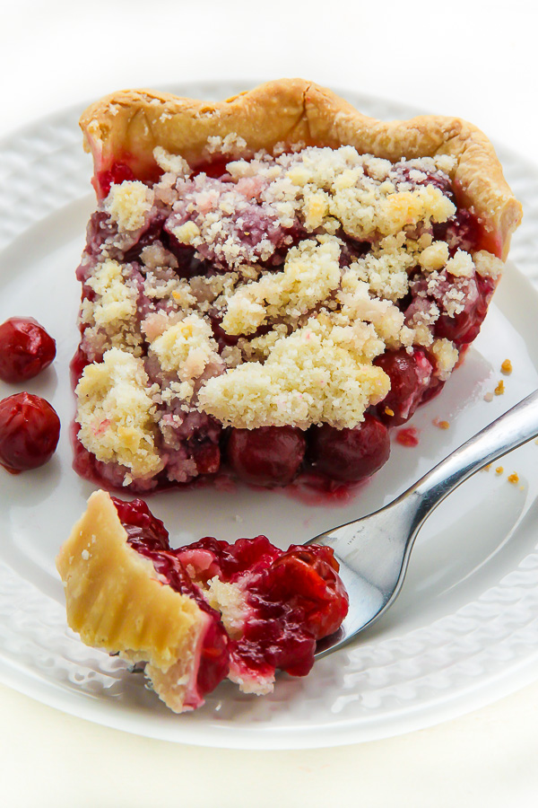 Homemade Sweet Cherry Pie topped with buttery crumbs