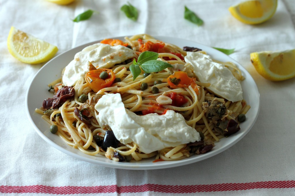 Linguini Clam Puttanesca with Burrata and Basil