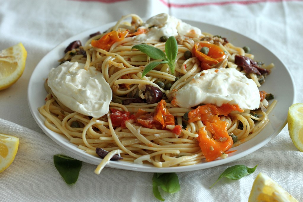 Linguini Clam Puttanesca with Burrata and Basil