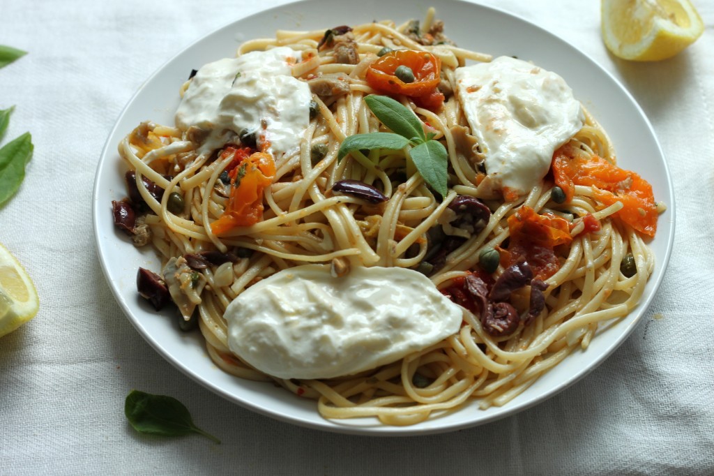 Linguini Clam Puttanesca with Burrata and Basil