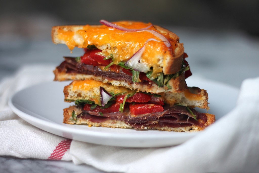 Bresaola, Arugula, and Roasted Red Pepper Cheddar Melts