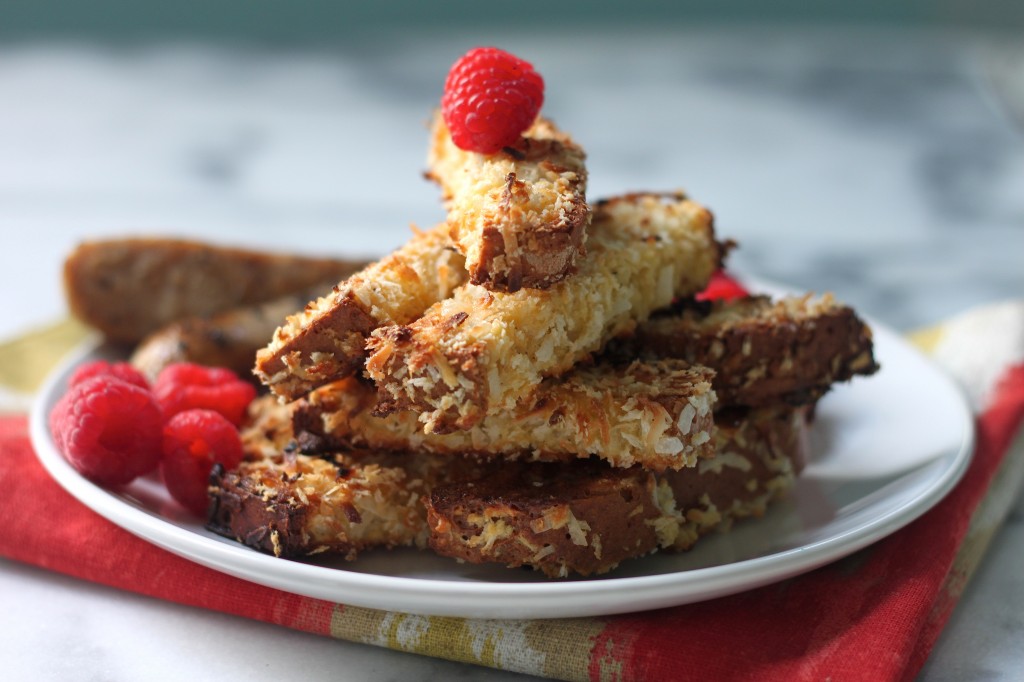 Crispy Coconut French Toast Sticks with Buttery Rum Syrup