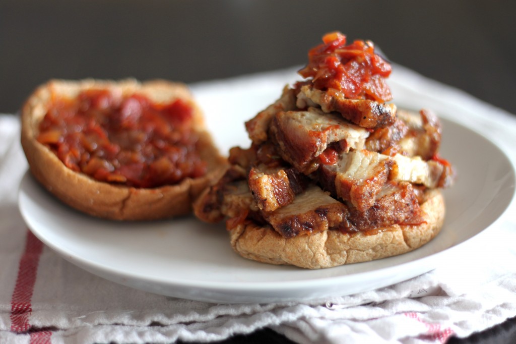 Crispy Pork Belly & Rosemary Tomato Jam Burgers