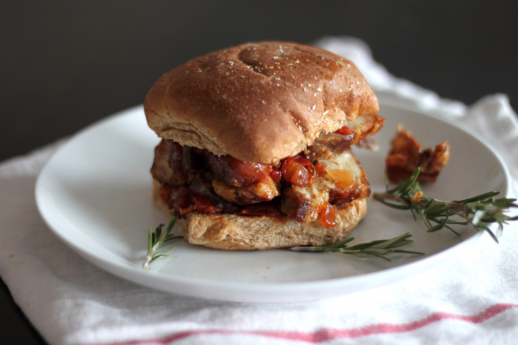 Crispy Pork Belly & Rosemary Tomato Jam Burgers