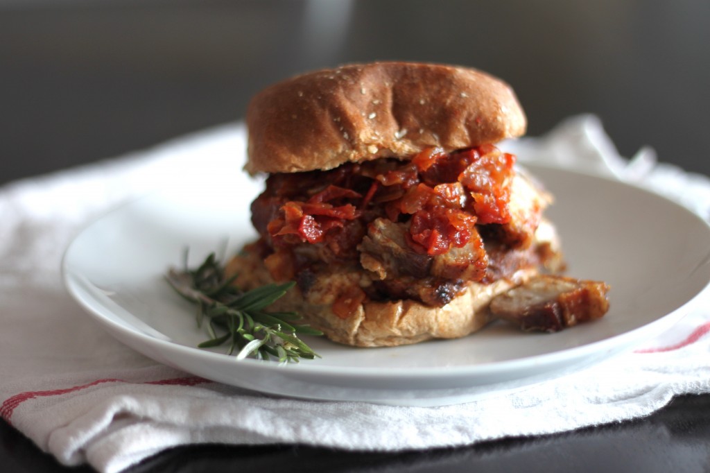 Crispy Pork Belly & Rosemary Tomato Jam Burgers