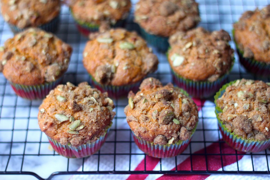 Pumpkin Banana Olive Oil Muffins with Crystalized Ginger Pepita Crumble and Nutella Drizzle