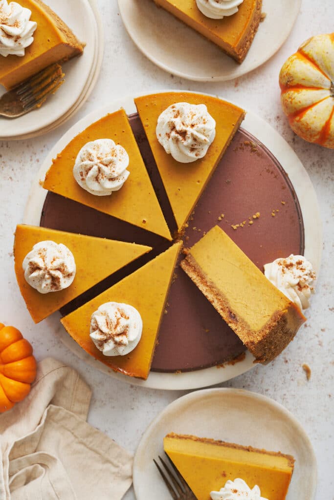 Pumpkin cheesecake cut into slices with whipped cream on top.