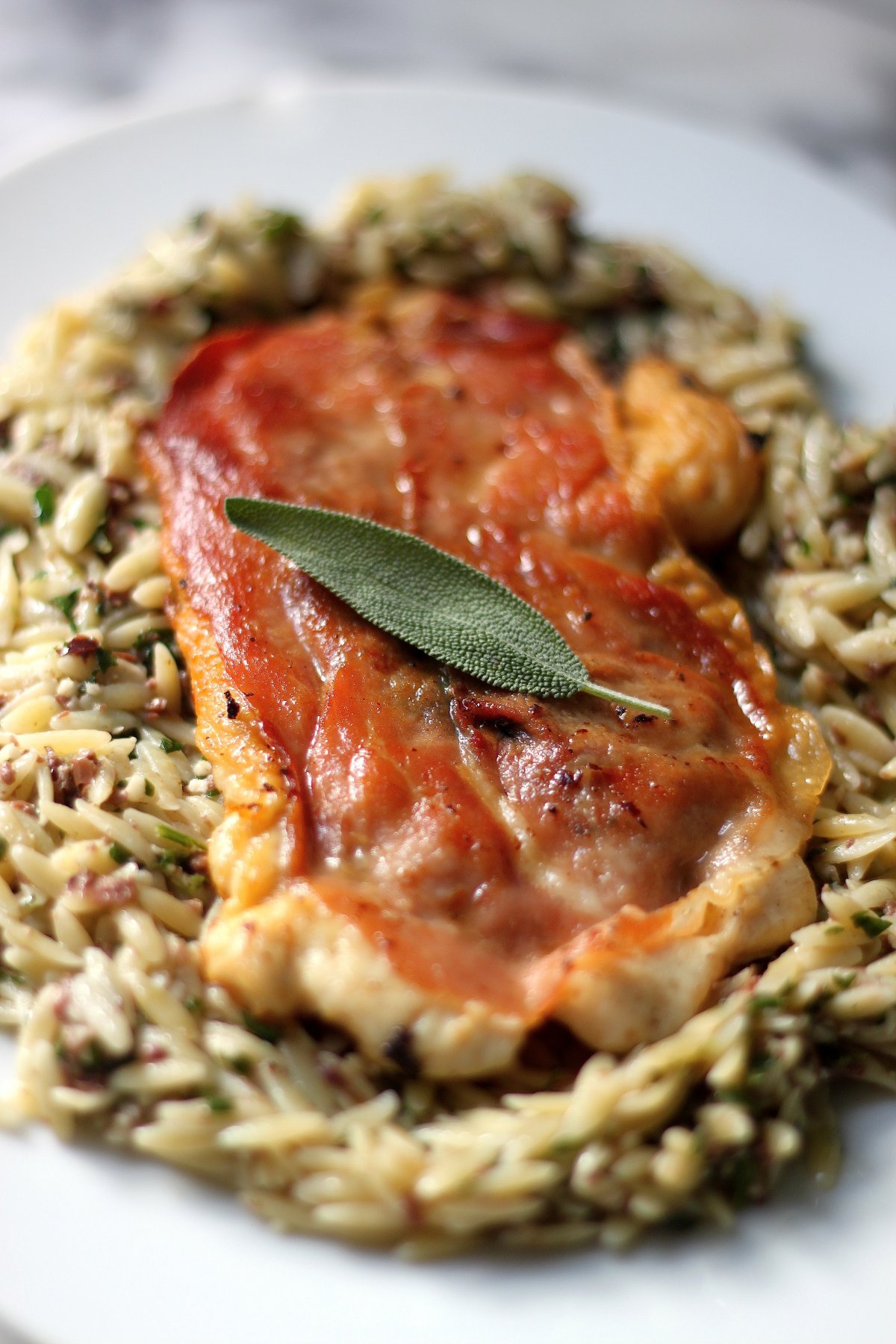 Chicken Saltimbocca with Creamy Lemon Sauce & Olive Orzo