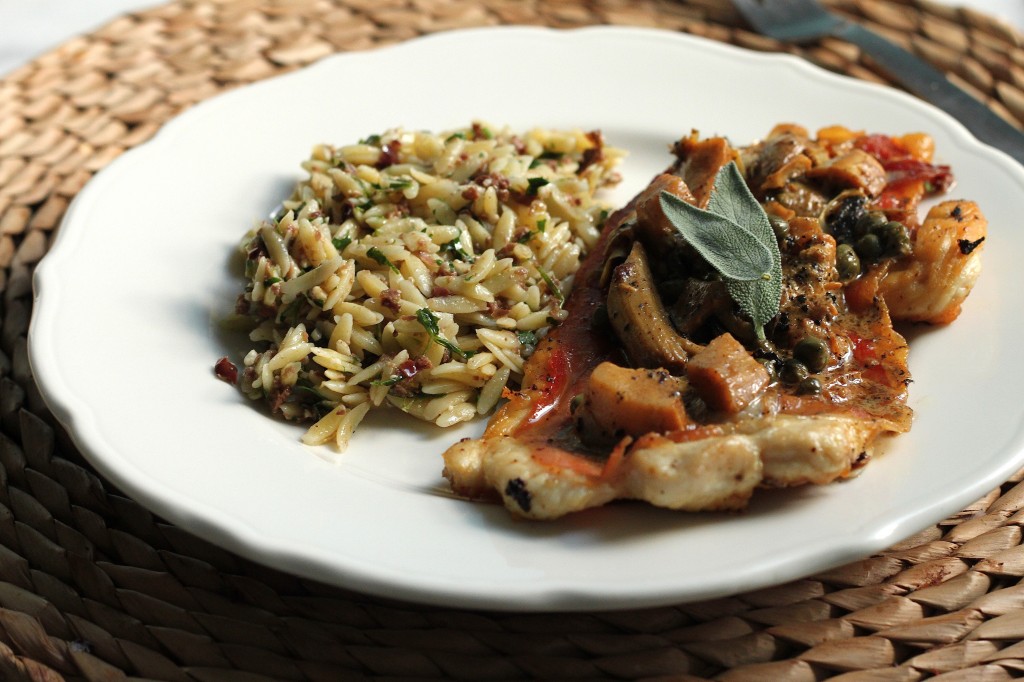 Chicken Saltimbocca with Creamy Lemon Sauce & Olive Orzo 