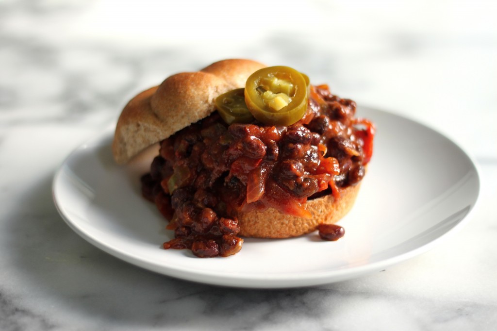 Black Bean Sloppy Joes with Caramelized Onions, Sage, and Pickled Jalapenos 