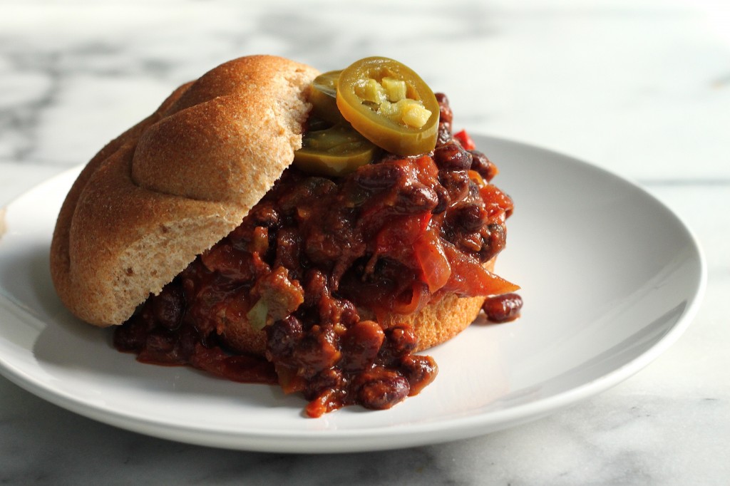 Black Bean Sloppy Joes with Caramelized Onions, Sage, and Pickled Jalapenos 