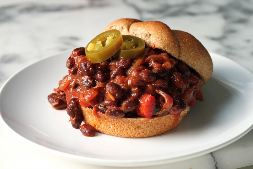 Black Bean Sloppy Joes with Caramelized Onions, Sage, and Pickled Jalapenos 