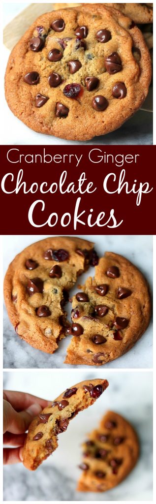 Thick and chewy cranberry ginger chocolate chip cookies - perfect for holiday baking! 