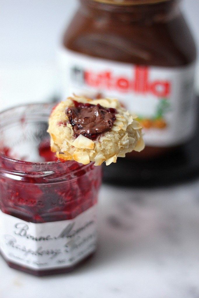 Nutella & Raspberry Jam Coconut Thumbprint Cookies