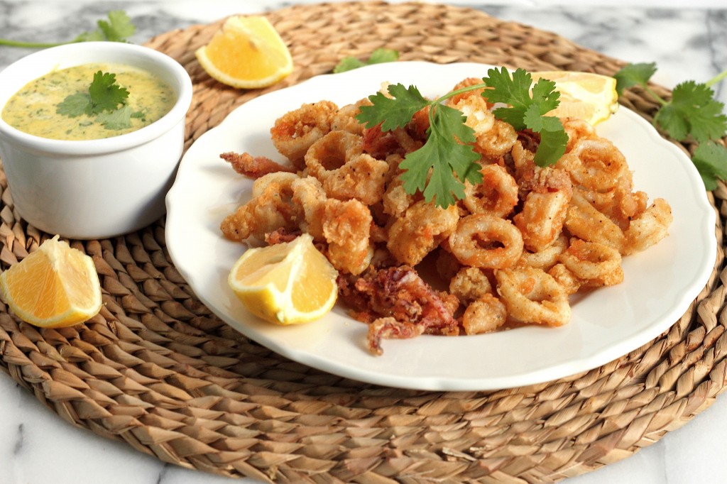 Fried Calamari with Tabasco and Honey Drizzle and Cilantro Aioli 