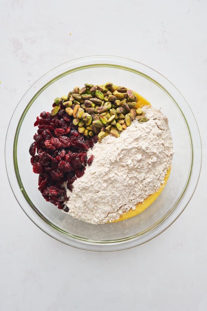 Bowl with ingredients for biscotti recipe.