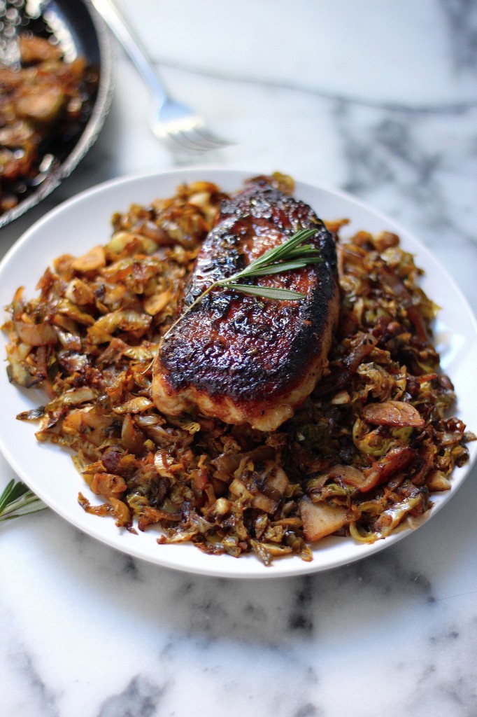 Brown Sugar Rosemary Pork Chops with Caramelized Brussels Sprout, Onion, and Apple Slaw