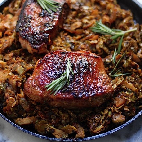 Brown Sugar Rosemary Pork Chops with Caramelized Brussels Sprout, Onion ...