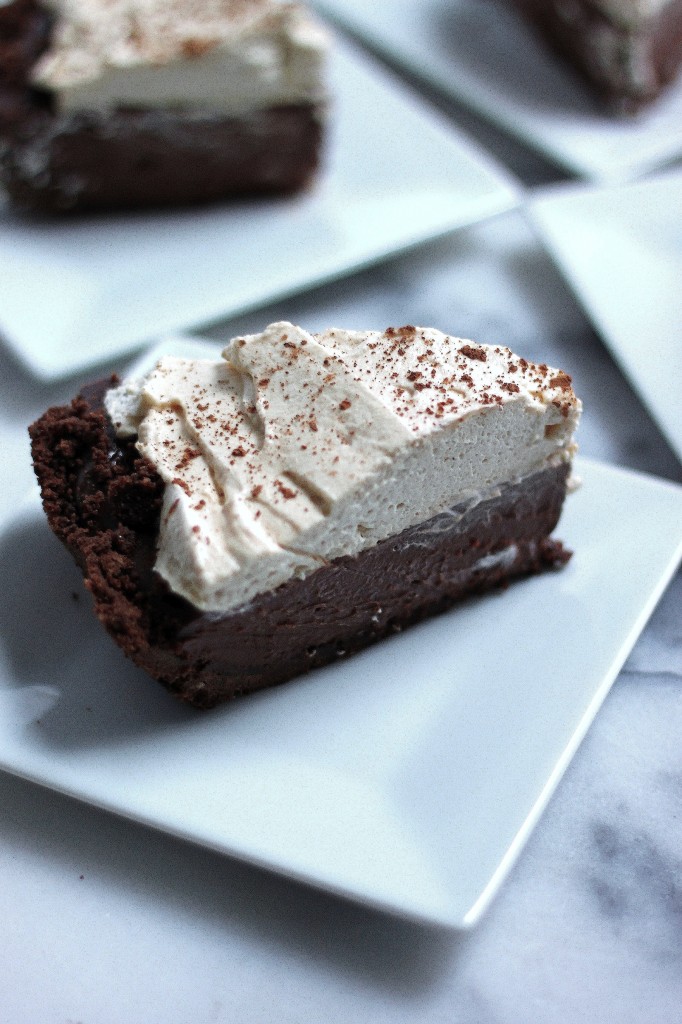 Malted Chocolate Pudding Pie with Chocolate Animal Cracker Crust and Kahlua Whipped Cream