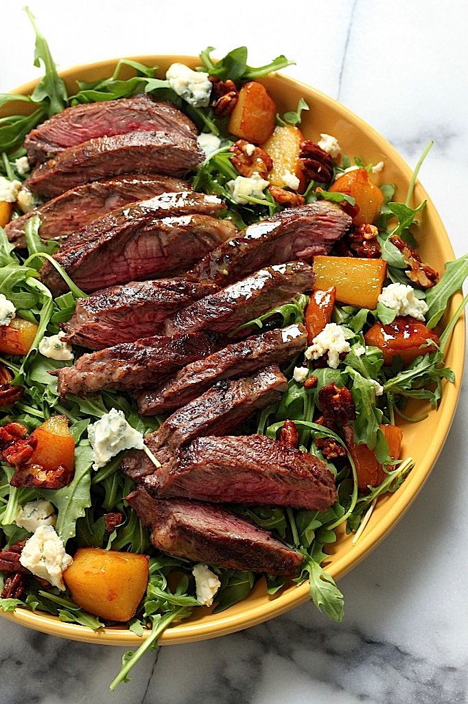 Arugula Skirt Steak Salad with Caramelized Pears, Pecans, and Gorgonzola  Baker by Nature