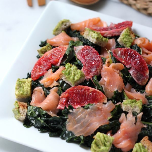 Smoked Salmon and Blood Orange Kale Salad with Avocado Toast Croutons Baker by Nature