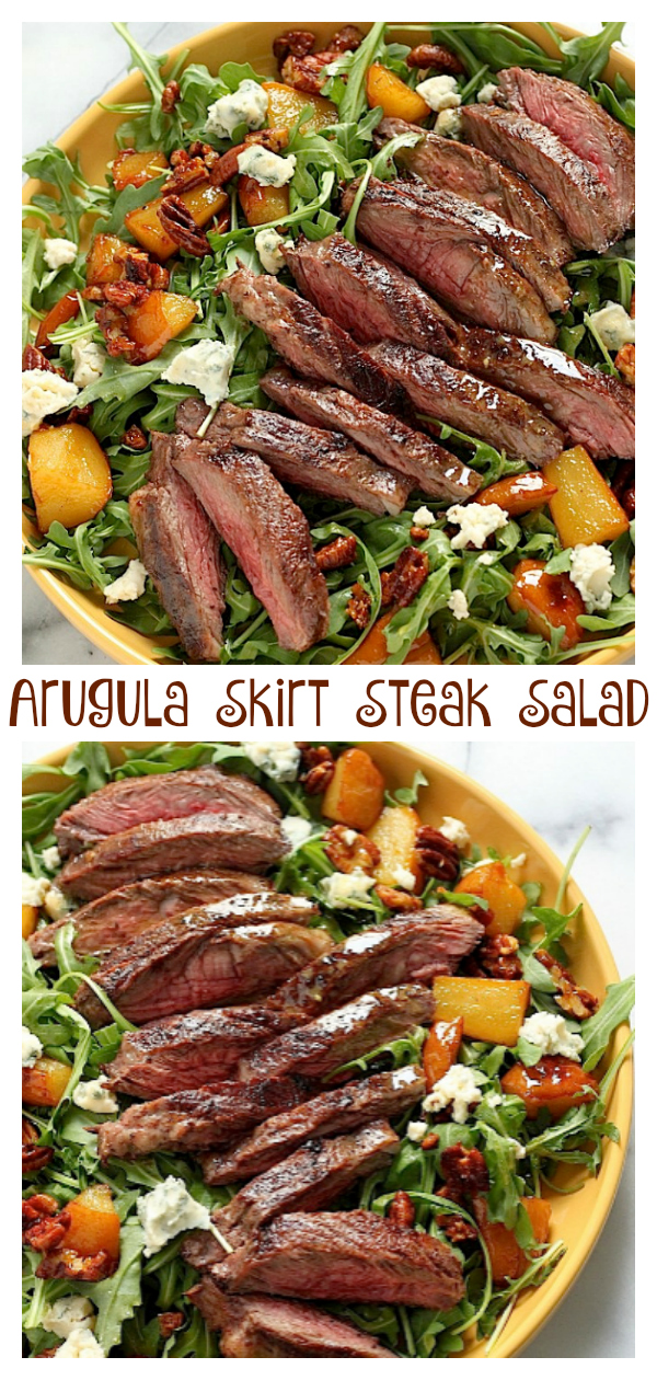 Arugula Skirt Steak Salad With Caramelized Pears Pecans And Gorgonzola Baker By Nature 