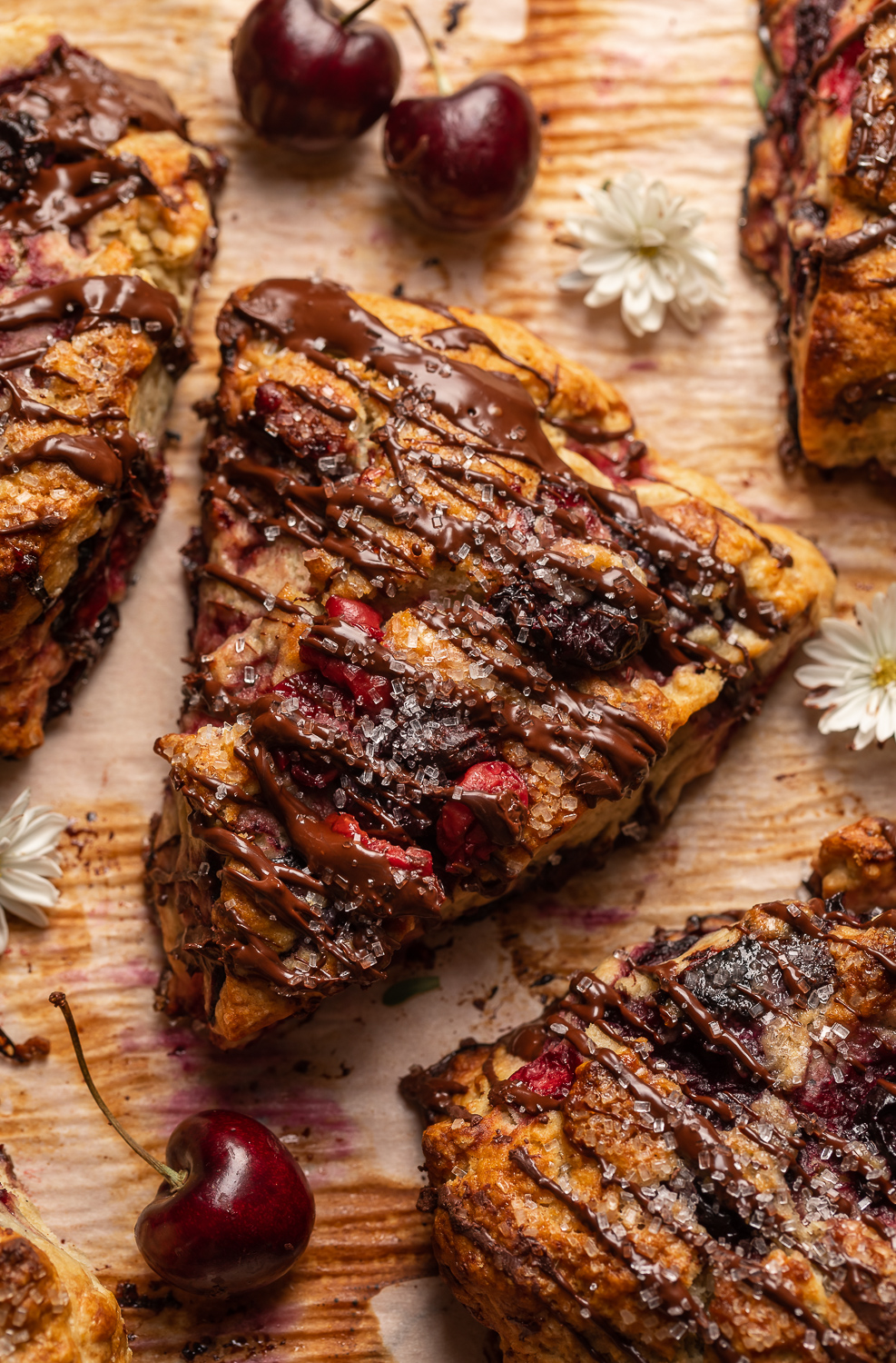 Golden brown, loaded with juicy cherries, and drizzled with dark chocolate, these Chocolate Covered Cherry Scones are a total showstopper! Perfect for breakfast or brunch and so good with a cup of coffee! For an extra chocolate kick, add a 1/2 cup of mini chocolate chips!