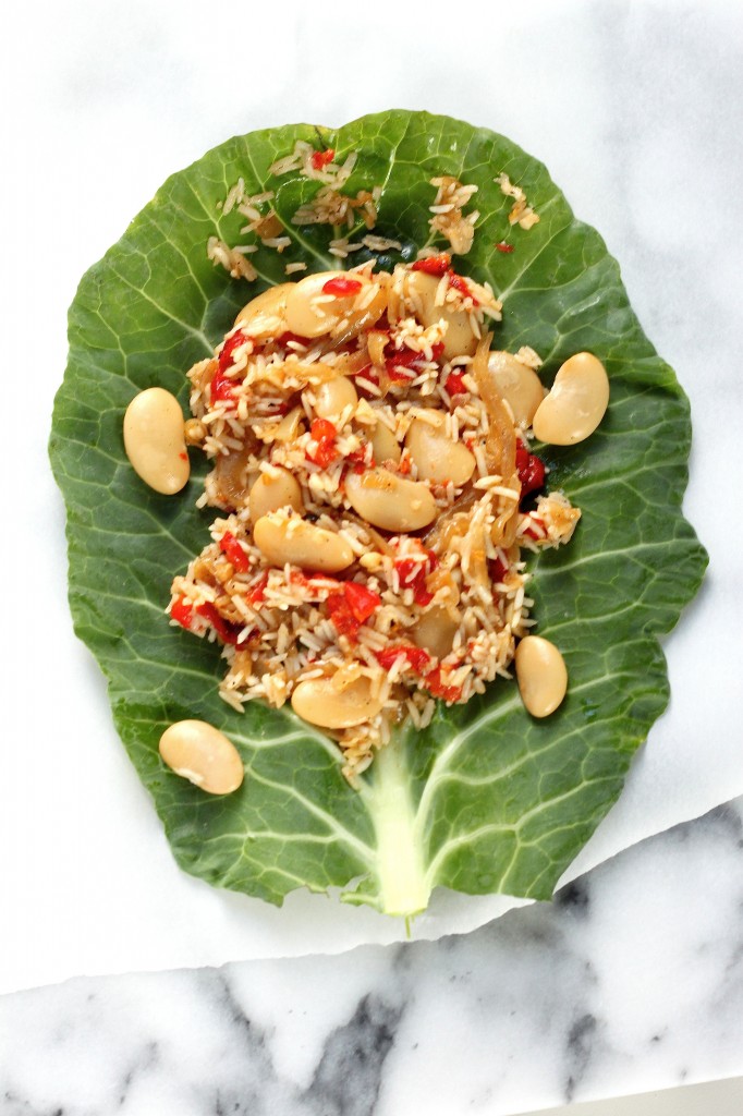 Collard Burritos with Roasted Red Pepper "Fried Rice", Butter Beans, and Caramelized Onions 