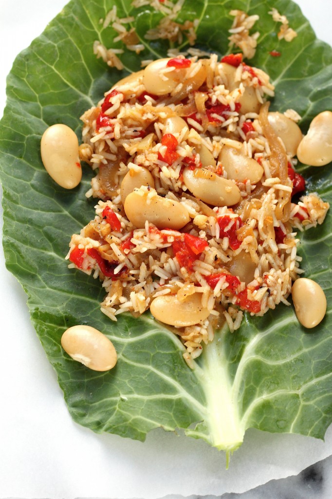 Collard Burritos with Roasted Red Pepper "Fried Rice", Butter Beans, and Caramelized Onions 