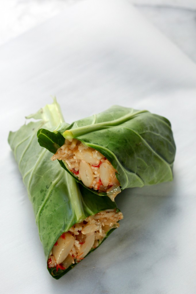 Collard Burritos with Roasted Red Pepper "Fried Rice", Butter Beans, and Caramelized Onions 